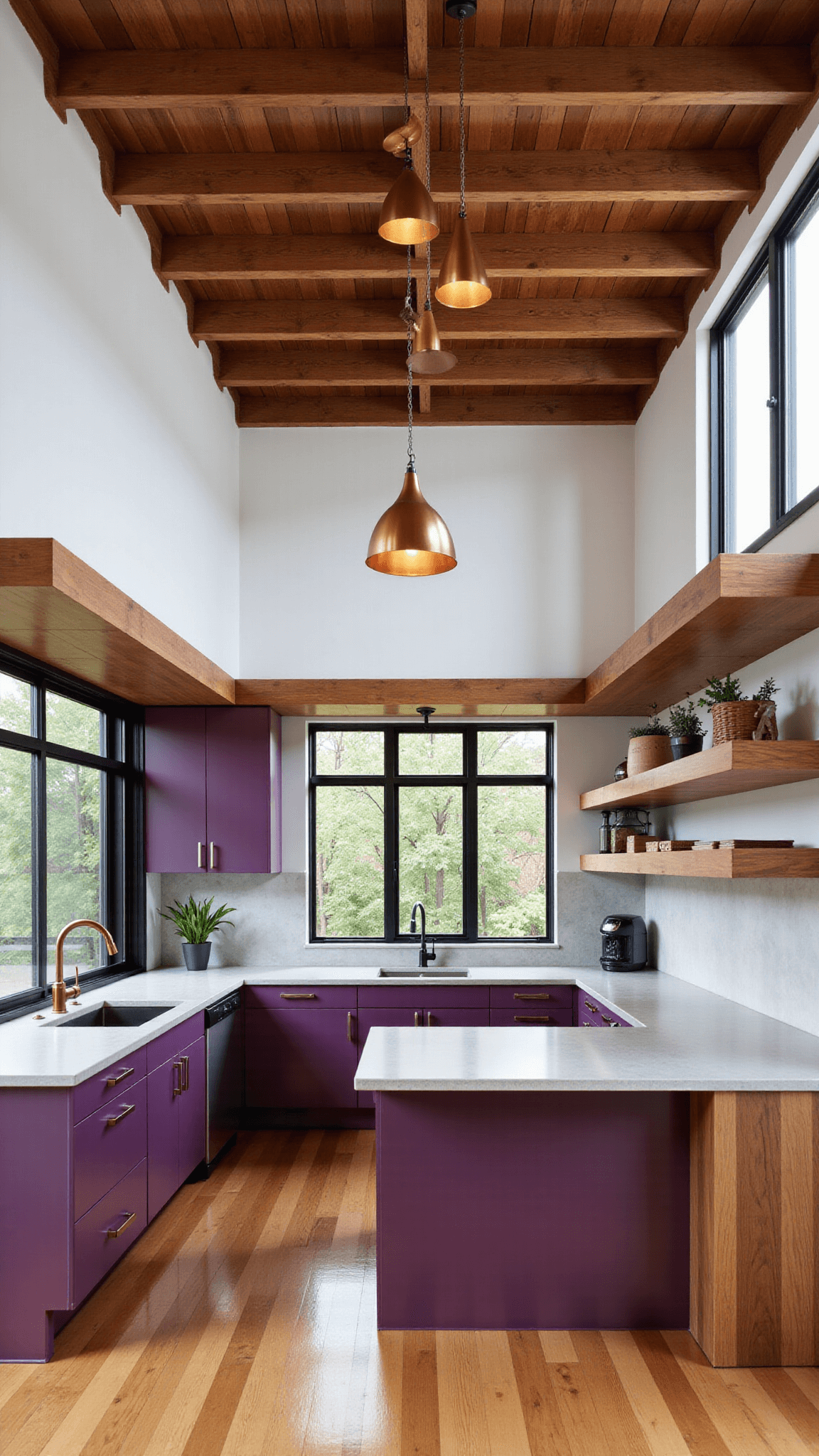 Bird's eye view of an open-concept 18'x22' kitchen with walnut cabinets, concrete countertops, copper pendant lights, and black steel-framed windows, emphasizing layout flow and lighting.