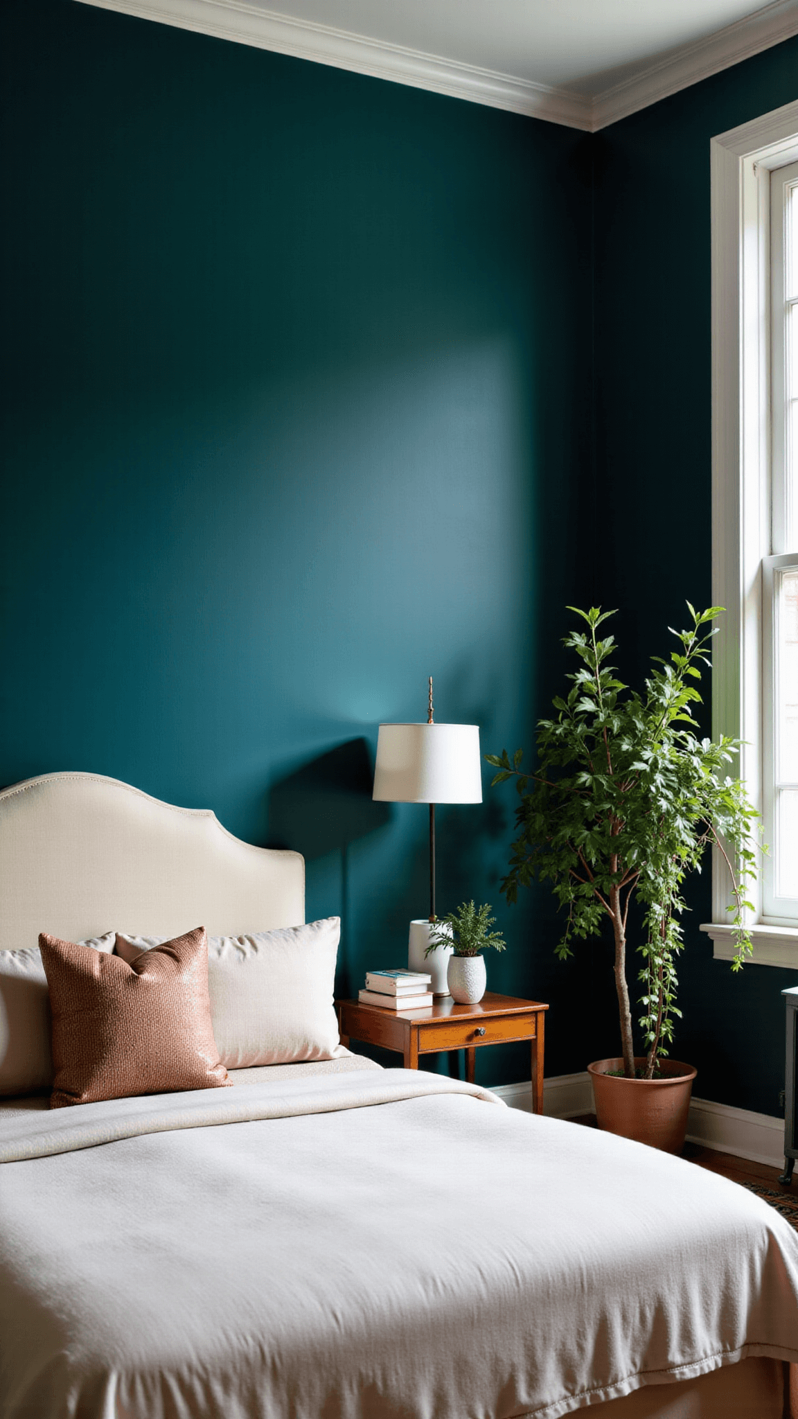 Charming 10x12ft bedroom at dawn with teal walls, curved upholstered headboard, vintage Moroccan rugs and indoor plantation, captured from bed height to reveal morning light interplay with textures.
