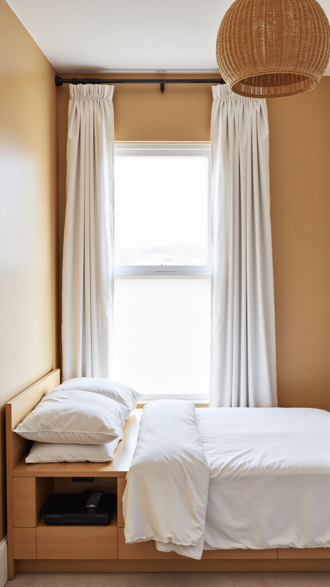 Primary bedroom with warm beige walls, platform bed with integrated tech, cloud-white linens, floor-to-ceiling curtains, and a rattan pendant, shot from an elevated position.