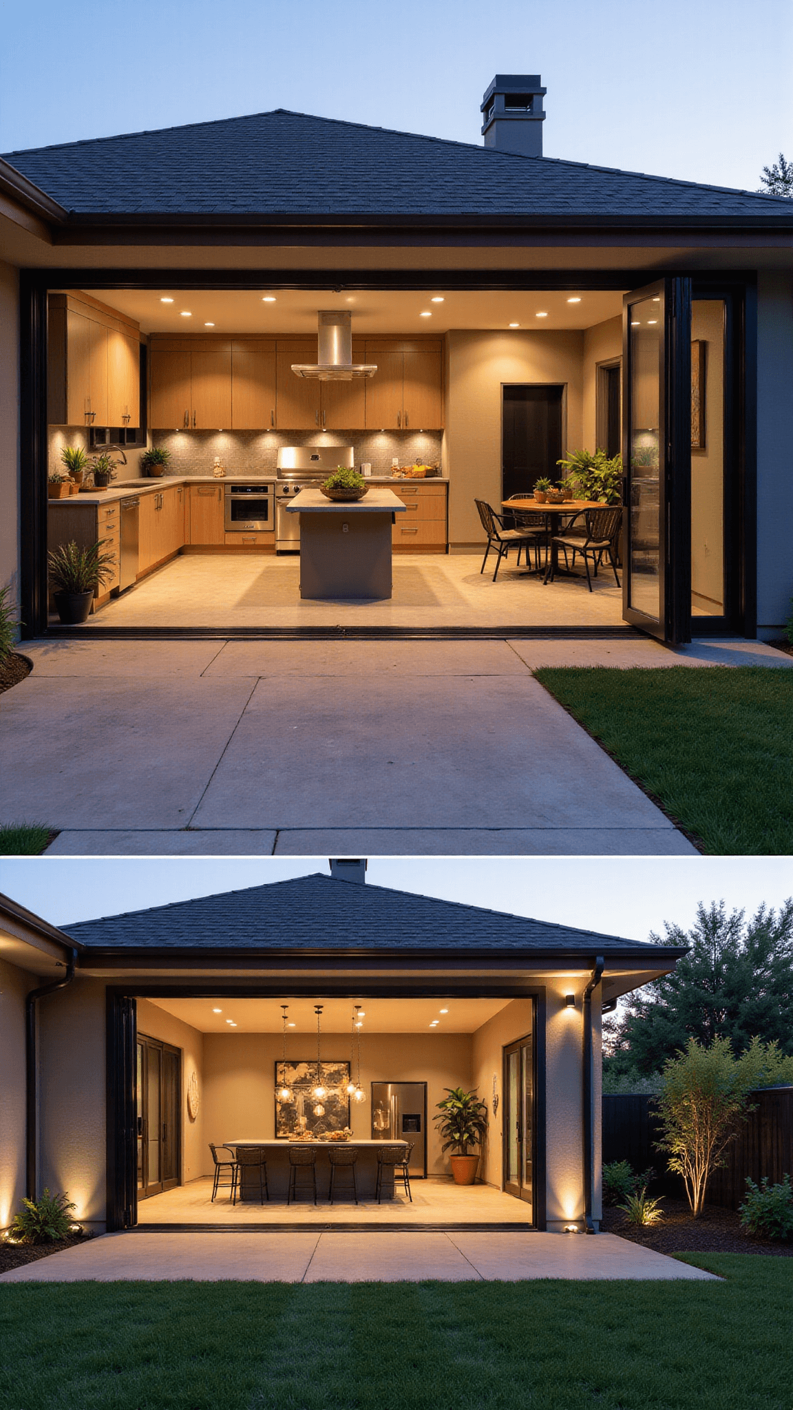 2025 Kitchen Trends: Transforming Culinary Spaces with Style and Functionality Drone view of a 20x25ft indoor-outdoor kitchen connection at golden hour, featuring fully retracted folding glass walls, seamless stone flooring, an outdoor kitchen with pizza oven, bar seating, potted herbs, outdoor dining setup, and subtle landscape lighting.