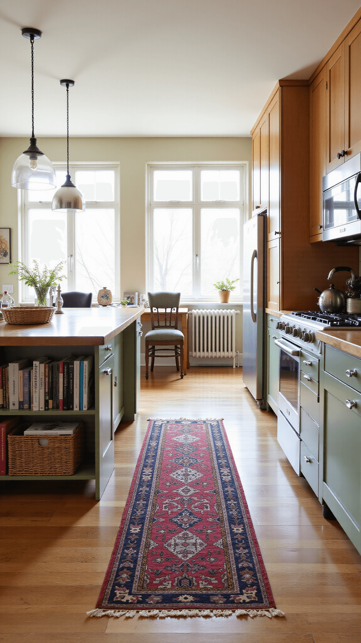2025 Kitchen Trends: Transforming Culinary Spaces with Style and Functionality Eclectic kitchen with sage green and natural oak cabinets, vintage runner, collected art, family heirlooms, and cookbooks bathed in warm afternoon light.