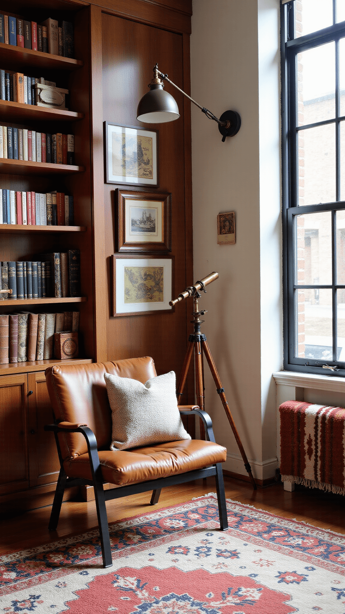 Cozy, library-inspired living room with built-in walnut bookshelves, leather reading chair, industrial lamp, vintage wall art, kilim cushions, handknit throws and antique brass telescope near window, bathed in morning light.