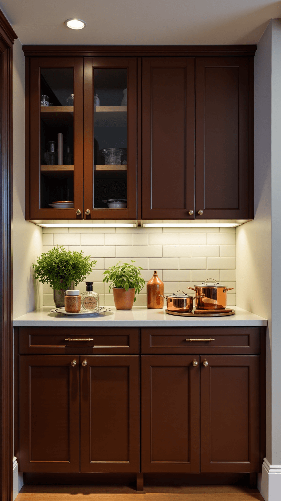 Compact 10x10ft kitchen with mocha-colored cabinets with glass inserts, vintage brass handles, undercabinet lighting, smart storage solutions, and styled with copper cookware, artisanal ceramics, and trailing plants, captured from the doorway at twilight.