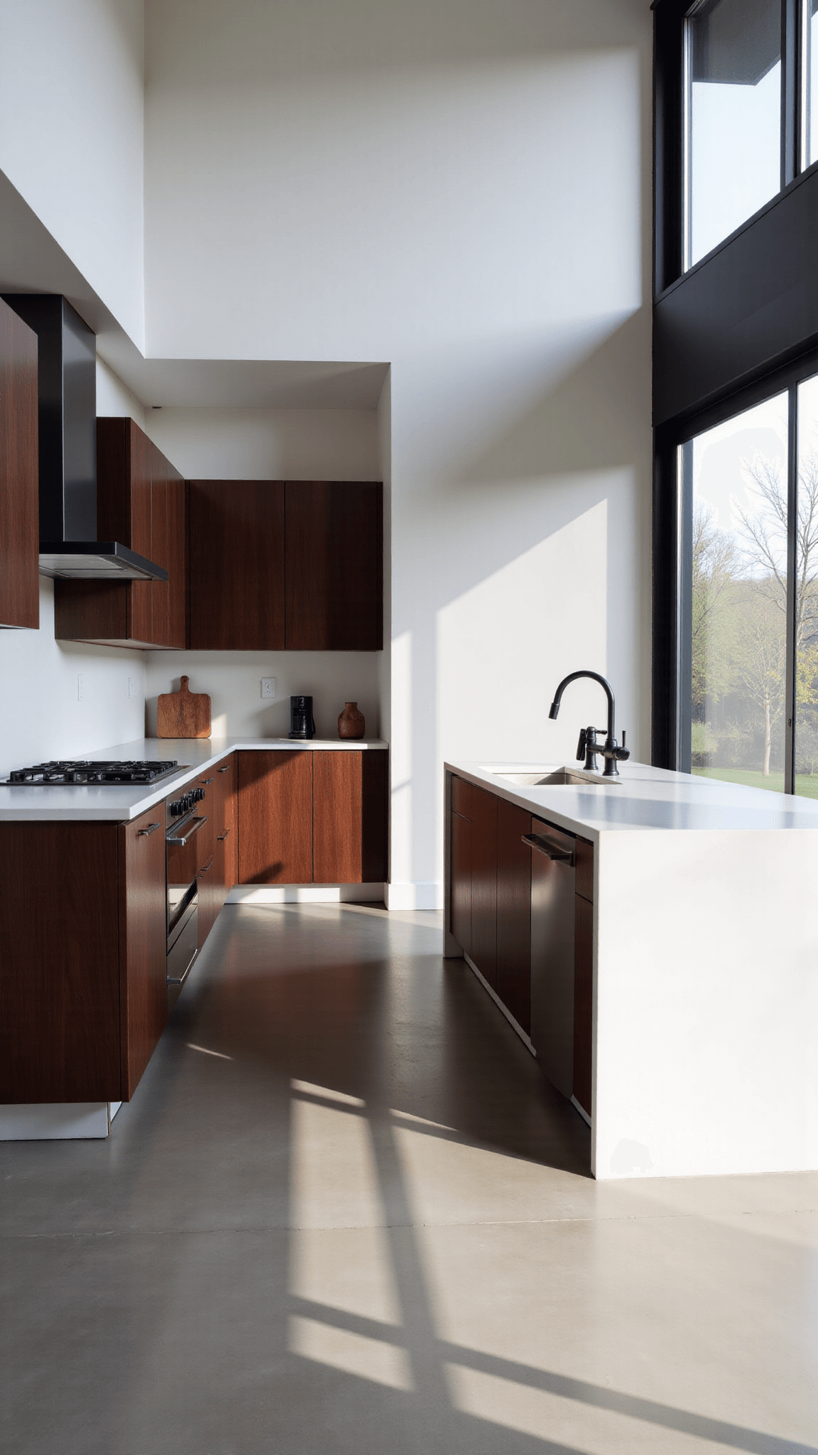 Modern minimalist 16x20ft open-concept kitchen with floor to ceiling dark oak cabinets, white quartz island, and matte black fixtures. Late afternoon sunlight through clerestory windows.