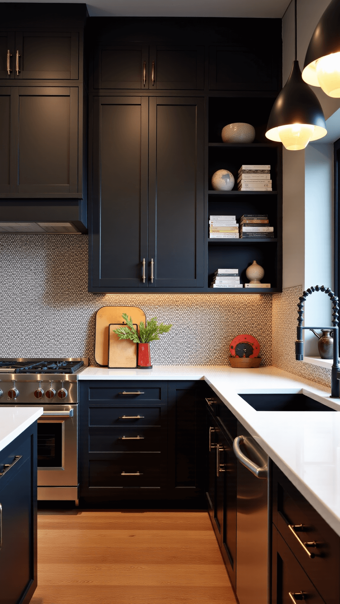Modern eclectic kitchen with dark oak cabinets, Moroccan tile backsplash, open shelving with global artifacts, mid-century pendant lights, captured in blue hour.