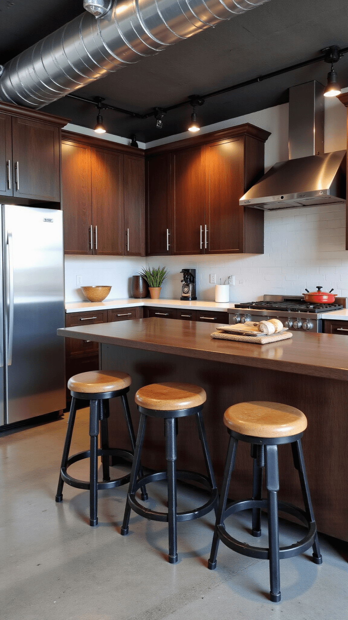Loft-style kitchen with concrete floors, dark oak cabinets, metal ductwork, stainless steel appliances, vintage factory stools, and cool artificial lighting highlighting industrial chic design.