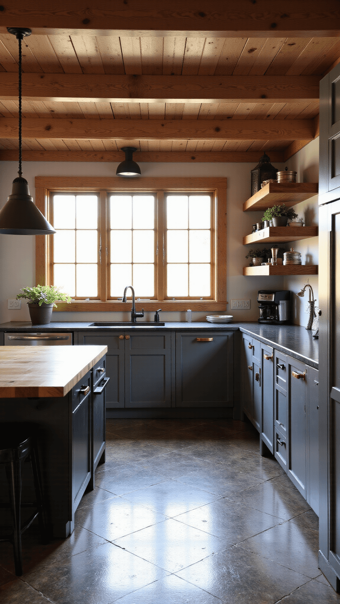 Vintage-styled, farmhouse kitchen with industrial edge featuring charcoal gray cabinets, butcher block island, exposed wooden beams, cement tile flooring, and ironstone collection on open shelving, bathed in golden hour light.