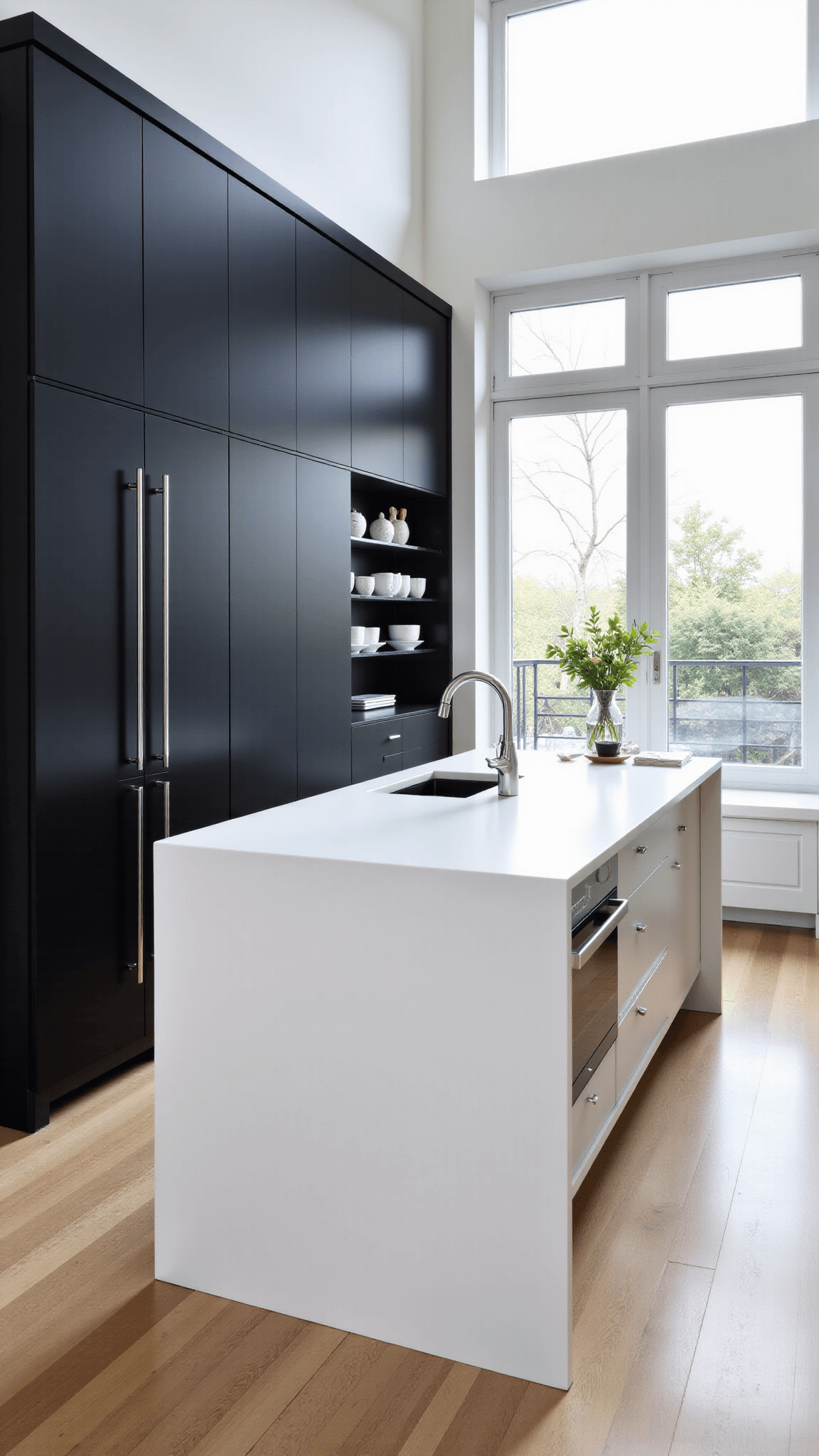 Open-concept contemporary kitchen with black cabinets, lofty windows, minimalist white island, and floating glass shelves, shot from mezzanine angle to emphasize geometric lines and spatial flow.
