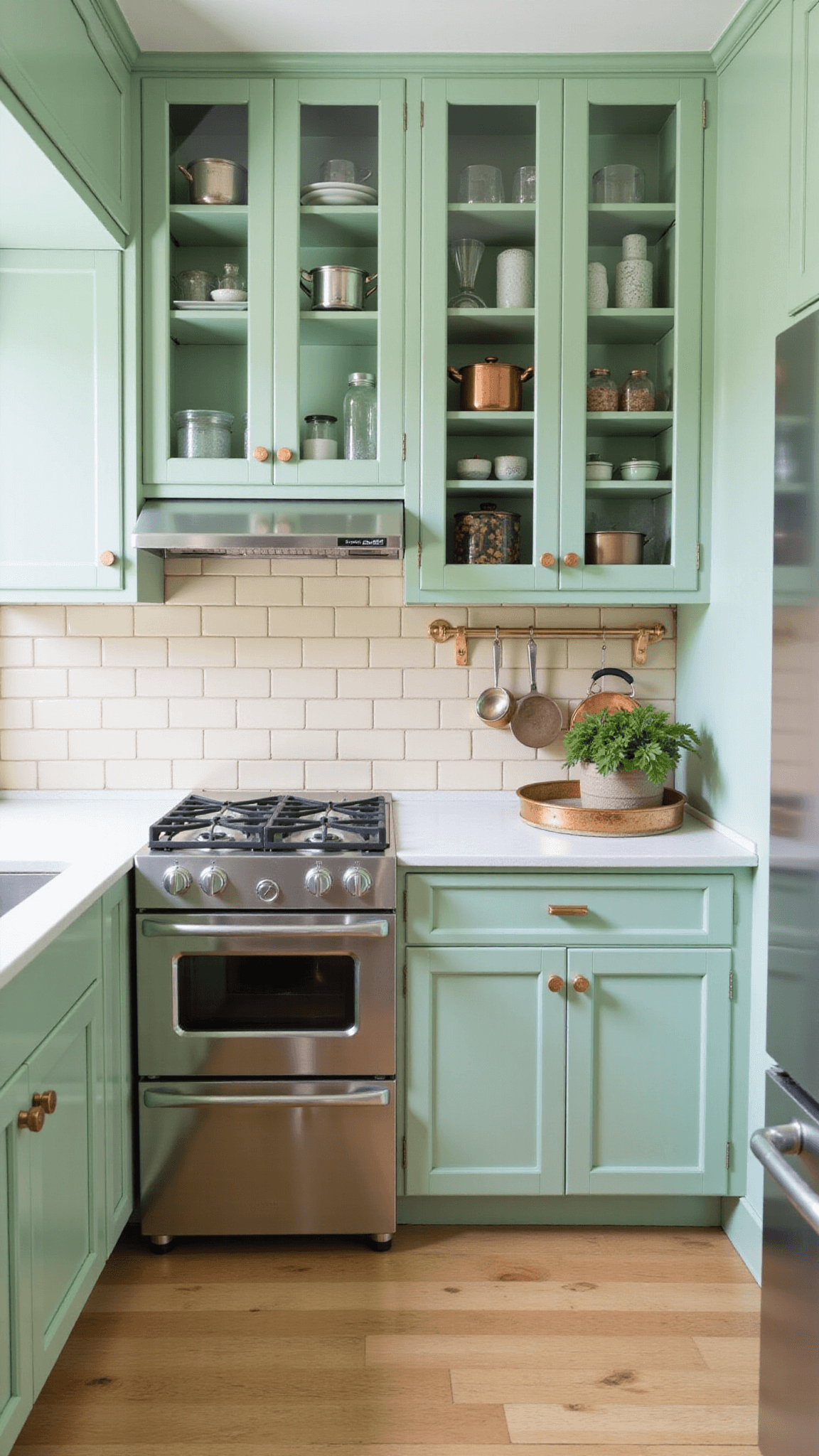 Charming and intimate 10x12ft galley kitchen with mint green cabinets, cream subway tile backsplash, vintage-style brushed nickel appliances, and a copper pot rack showcasing a collection of cookware, lit naturally from the side with additional fill light for detailed shadows, seen from the end of the galley to emphasize linear perspective.