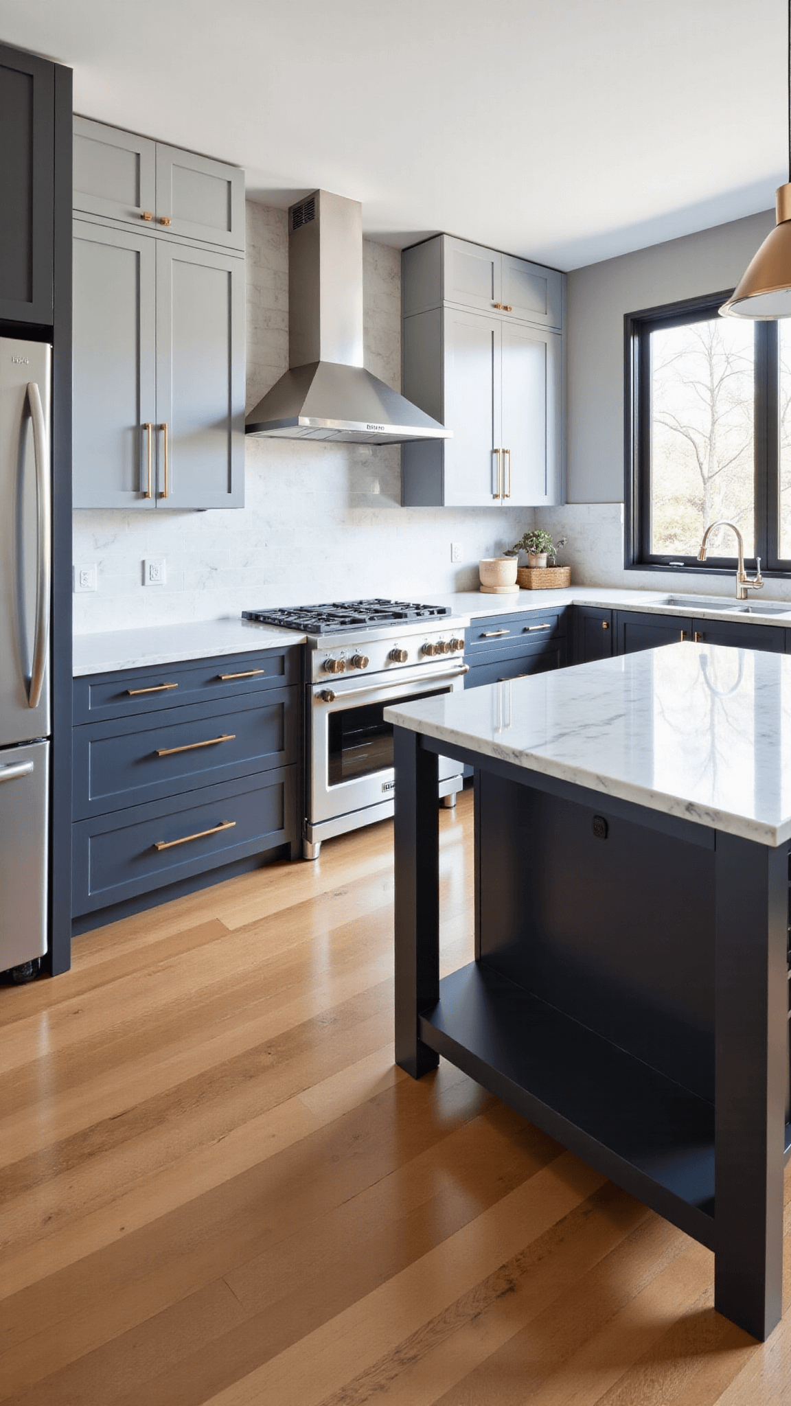 Contemporary kitchen with two-tone grey cabinets, Carrara marble countertops, modern pendant lights over the center island, and warm oak hardwood floors, illuminated by the morning light streaming through floor-to-ceiling windows