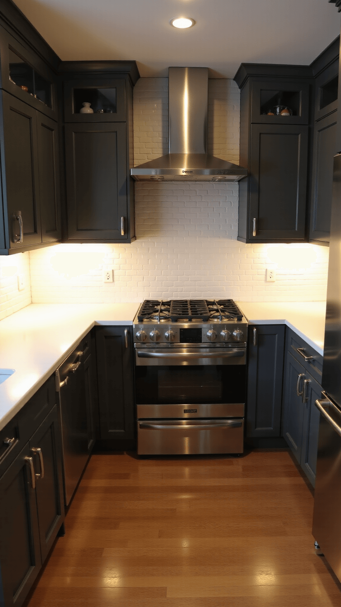 Eye level perspective view of an intimate 8x12ft galley kitchen bathed in golden hour light, featuring charcoal grey shaker cabinets with glass fronts, a white subway tile backsplash extending to the ceiling, stainless steel appliances, and brushed nickel hardware, all enhanced by warm under-cabinet lighting and moody side lighting.