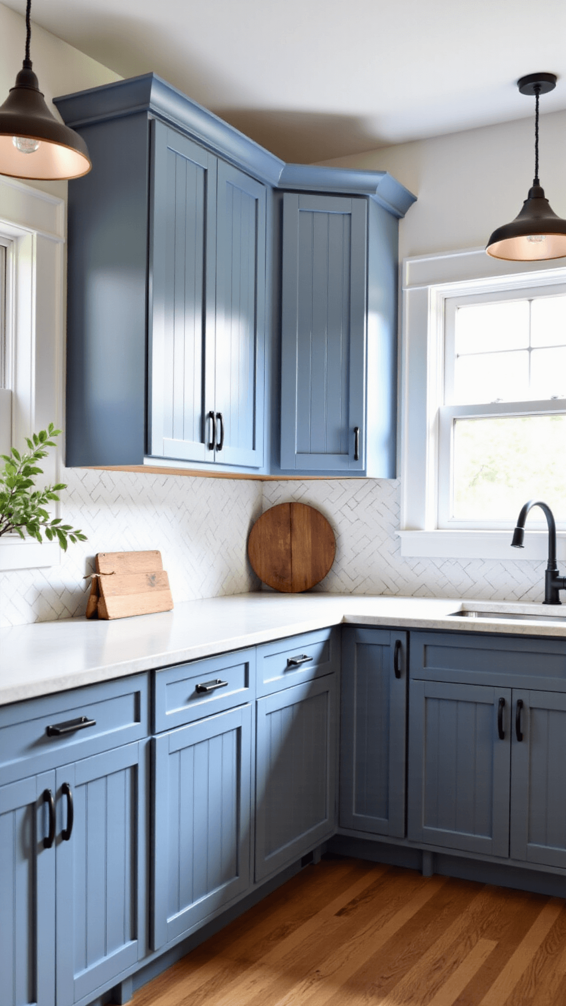 Modern farmhouse kitchen with blue-grey beadboard cabinets, white quartz countertops, herringbone marble backsplash, and mixed metal fixtures in afternoon light