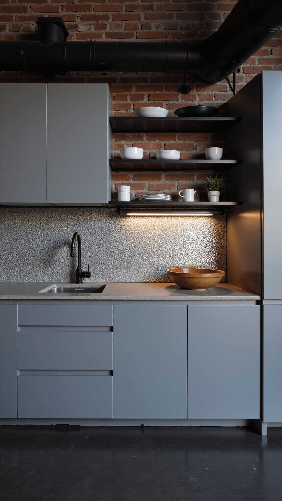 Industrial loft kitchen with dove grey cabinets, concrete countertops, metallic backsplash, black steel shelving, and exposed ductwork under dusk lighting.