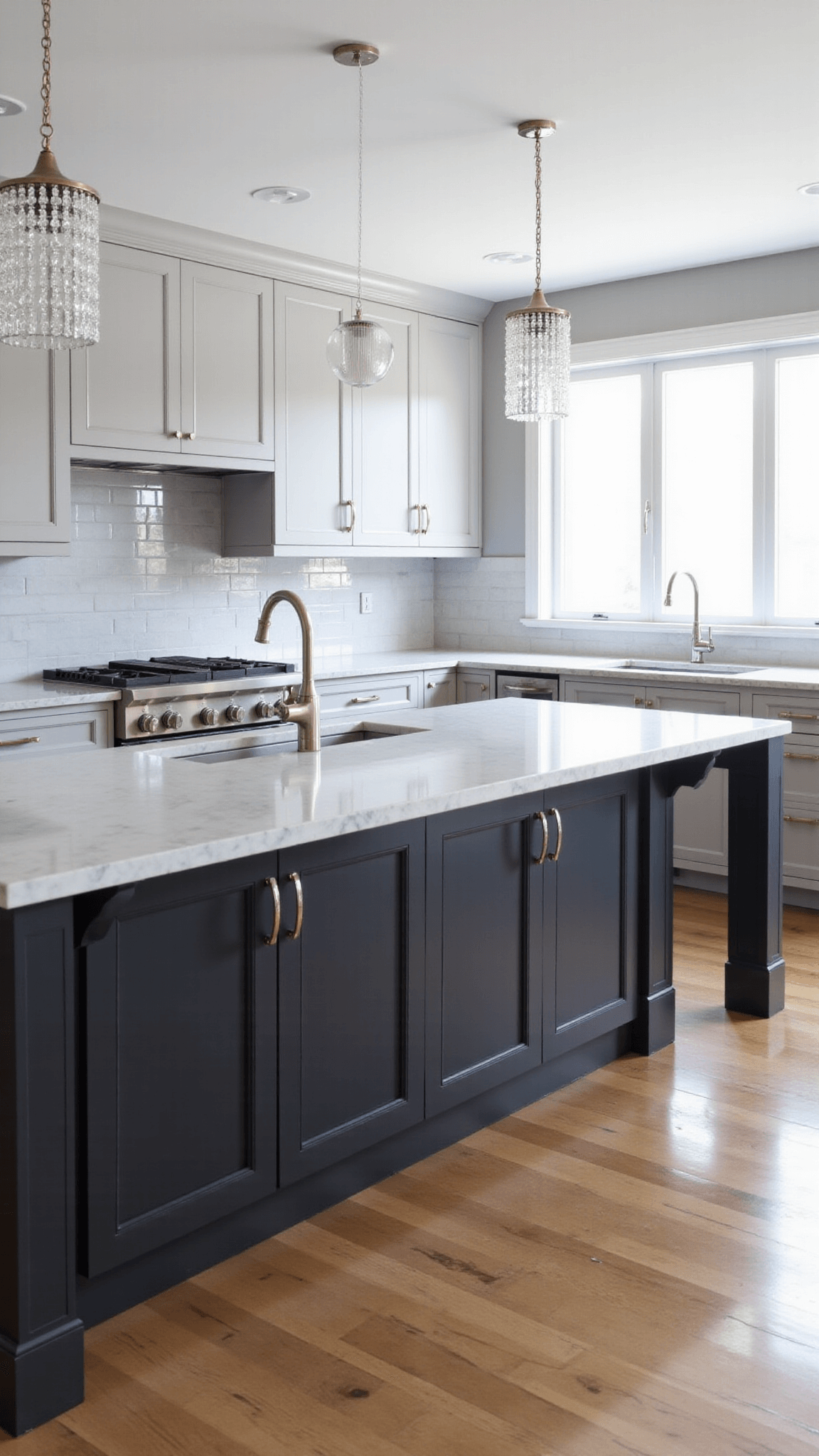 Two-tone transitional kitchen bathed in soft morning light, featuring light grey upper and dark graphite lower cabinets, large island with marble-look quartz counters, polished nickel hardware, crystal pendant lights, in a wide-angle shot emphasizing flow and symmetry.