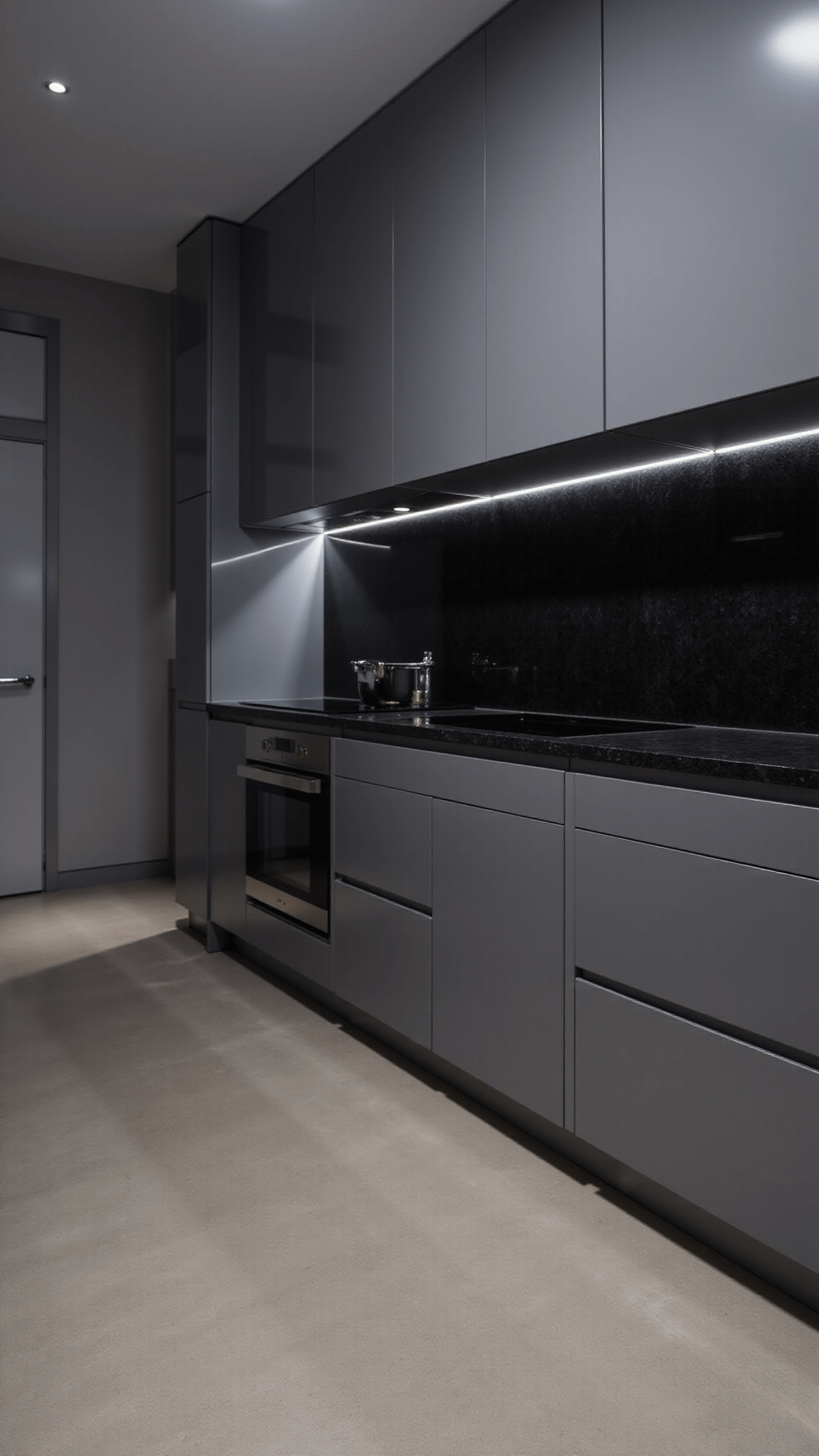 Contemporary minimalistic kitchen with grey MDF cabinets, black granite counters, and accent LED lighting at twilight, captured from an elevated angle