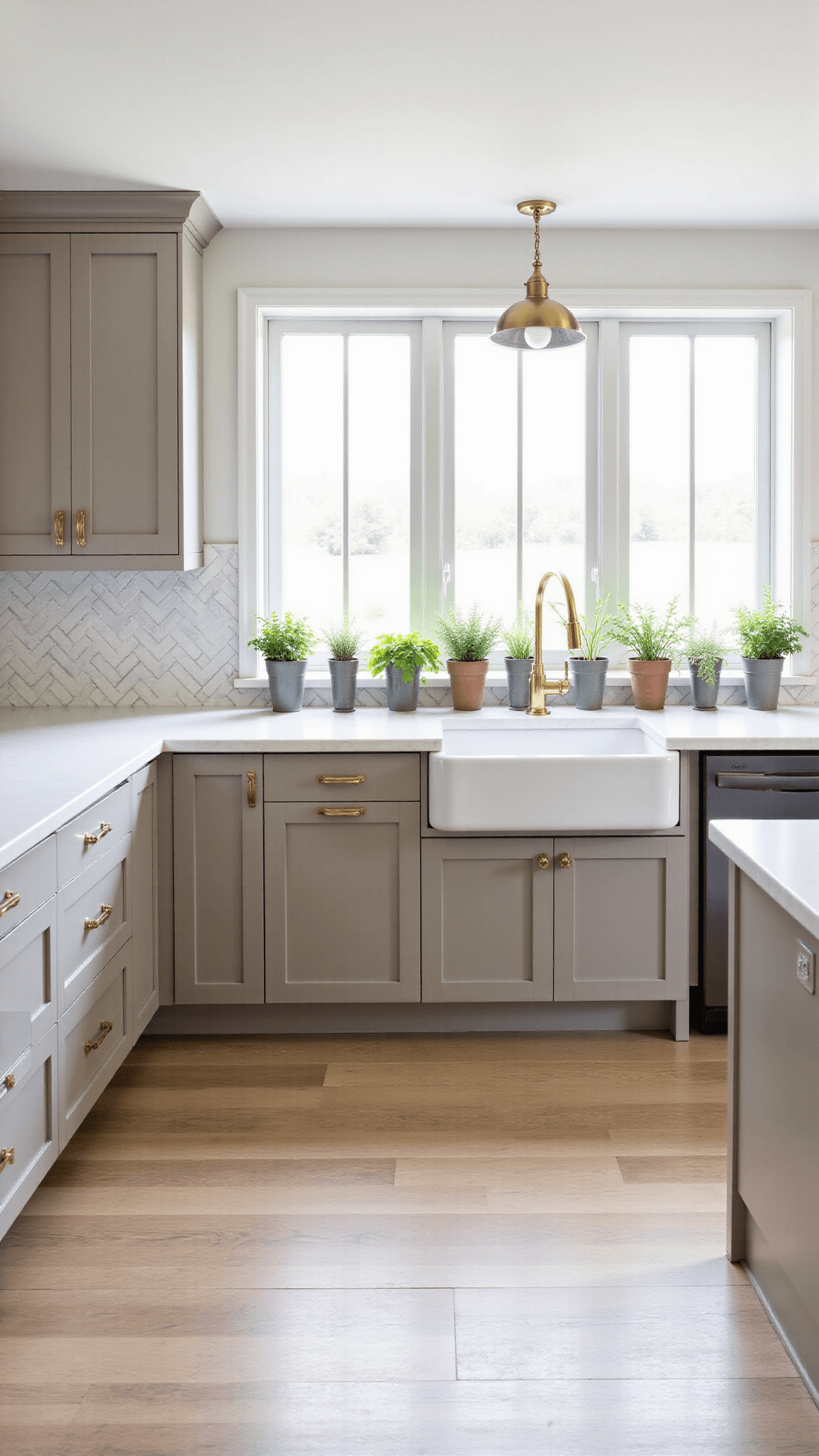 Bright, inviting transitional kitchen with morning light streaming through large windows, highlighting the light taupe cabinets, white quartz countertops, herringbone marble backsplash and white oak flooring.