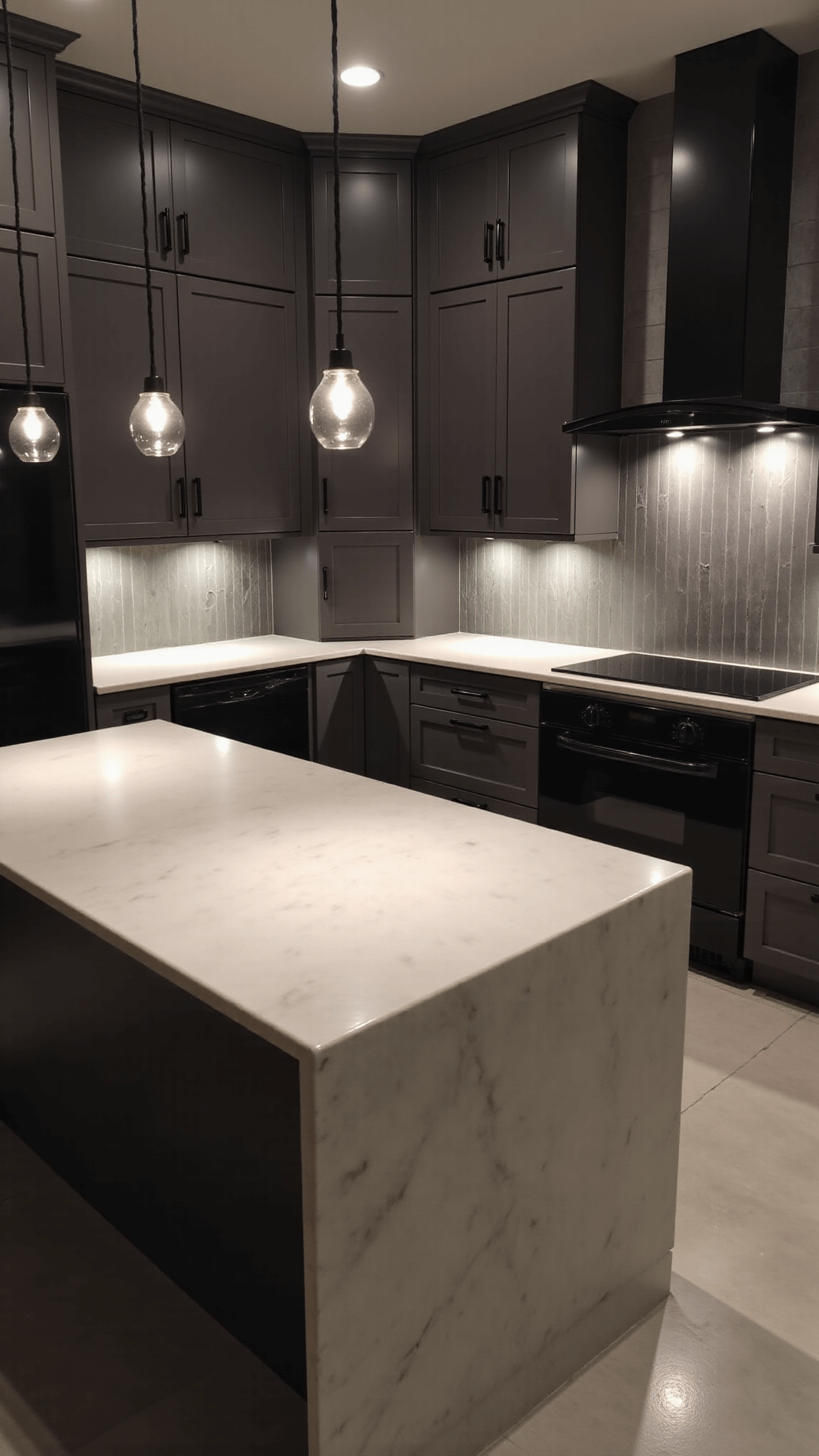 Contemporary kitchen with dark taupe cabinets, creamy white quartzite island and matte black hardware, illuminated by under-cabinet LED lighting and glass globe pendants, captured at dusk in moody lighting with strategic highlights on cabinet faces.