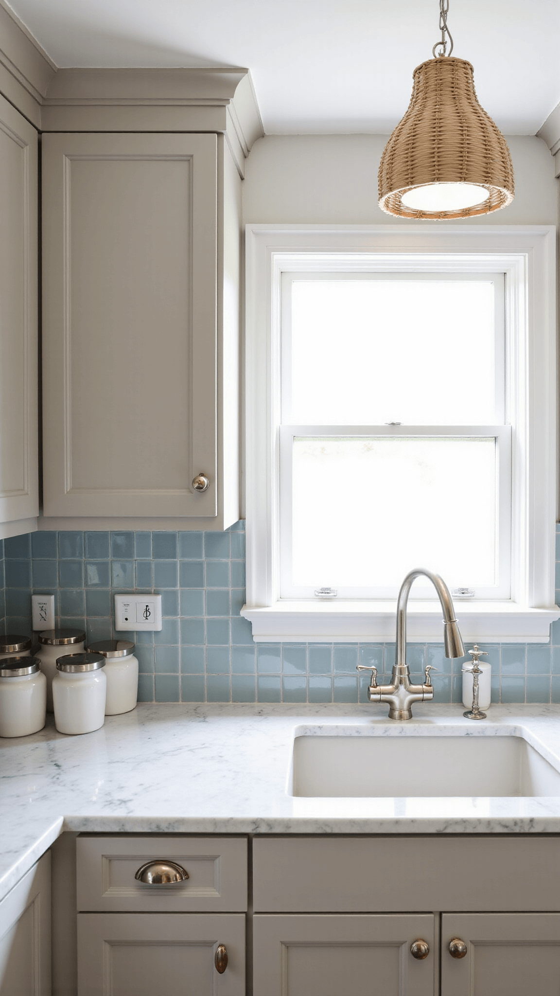 Breezy coastal kitchen with taupe cabinets, marble-like quartz counters, blue-gray tile backsplash, and rattan pendant light, bathed in diffused afternoon light.