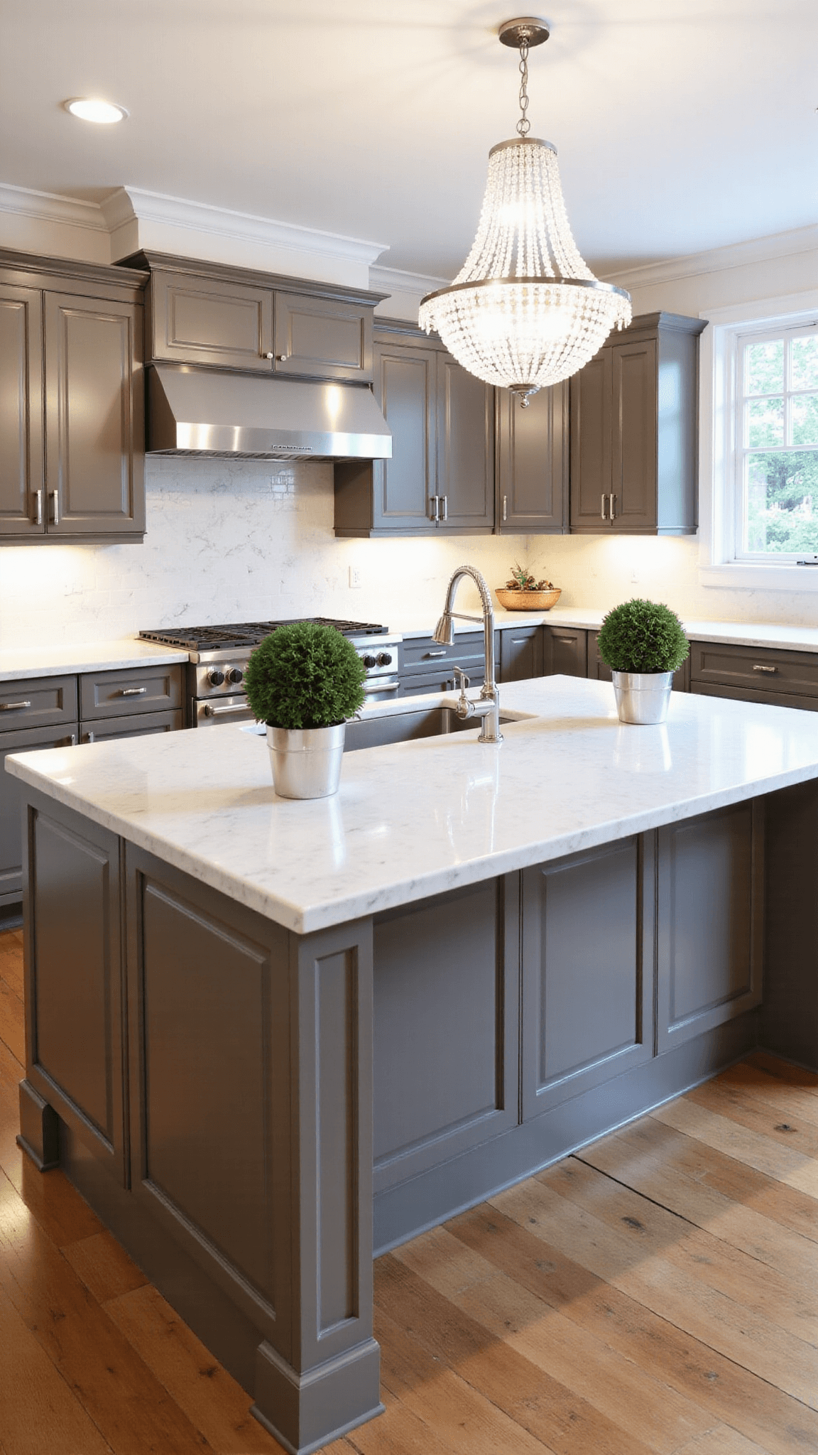 Elegant traditional kitchen bathed in soft morning light, featuring raised-panel taupe cabinets, Calacatta marble counters, nickel hardware, a crystal chandelier over island and topiaries in silver planters