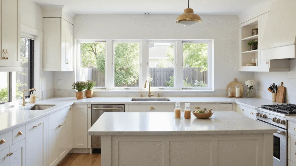 "Bright, modern luxury alabaster kitchen with shaker cabinets, marble countertops, brass hardware, and natural sunlight streaming through windows"