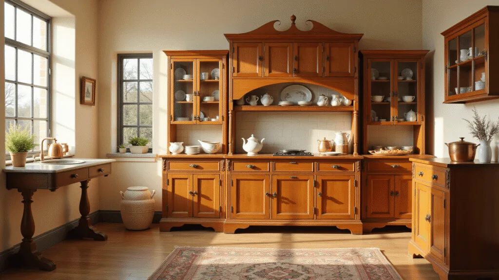 "Antique kitchen with Georgian style cabinets in pine, oak and mahogany, backlit by warm morning sunlight"
