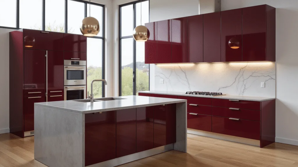 "Modern minimalist kitchen with burgundy high-gloss cabinets, concrete countertops, stainless steel appliances, and a central island, bathed in morning sunlight."