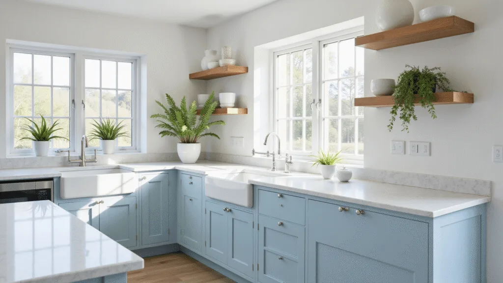 "Bright, coastal chic kitchen with powder blue Shaker-style cabinets, white marble countertops, pale oak flooring, and decorative greenery on floating shelves"