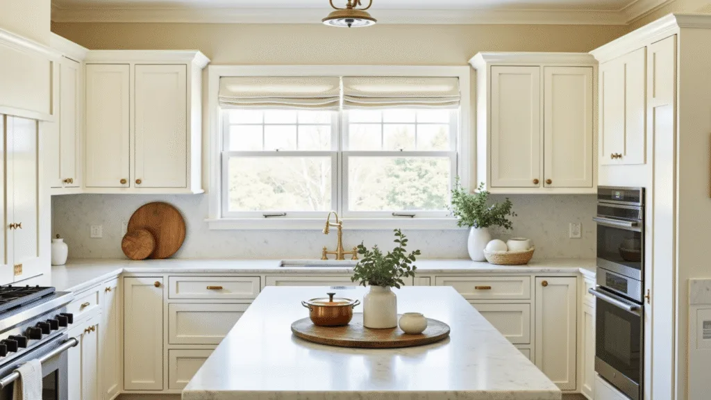 "Bright cream kitchen with Shaker-style cabinets, marble counters, brass hardware, and organic elements under natural light"