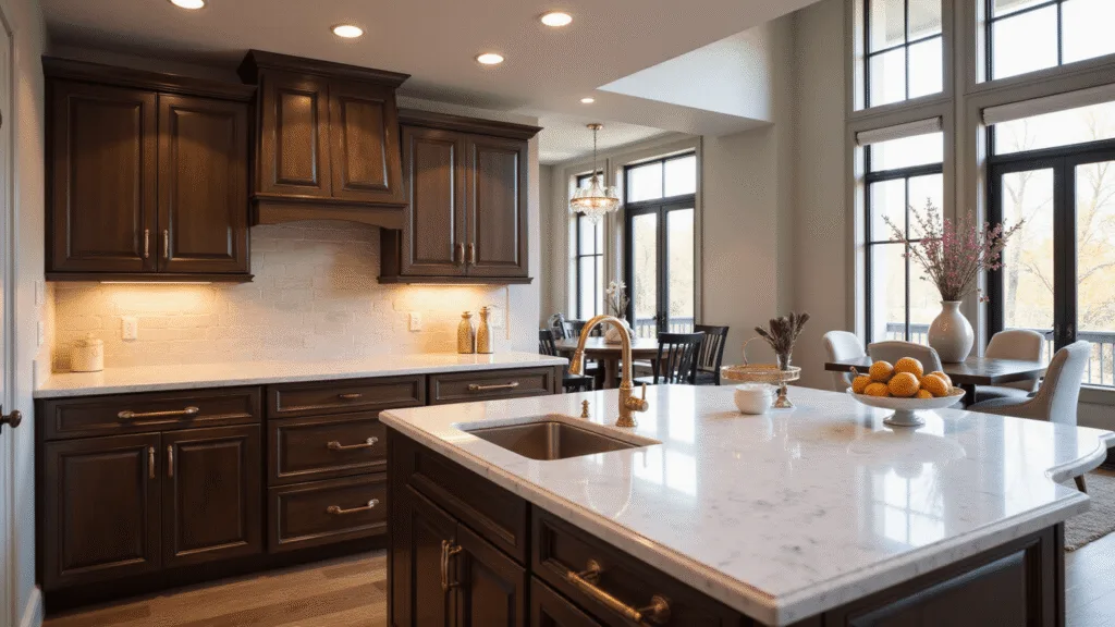 "Spacious luxury kitchen with dark shaker cabinets, white marble countertops, brass hardware and warm ambient lighting from large windows"