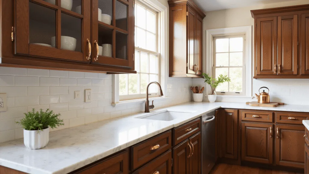 "Luxurious kitchen with dark oak cabinets, Carrara marble countertops, white subway tile backsplash, and brass hardware in morning sunlight"
