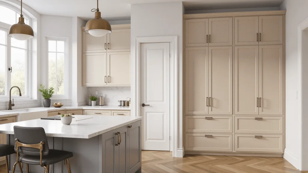 "Elegant kitchen with Pale Oak cabinets, white marble countertops, brass accents, and natural light streaming through floor-to-ceiling windows"
