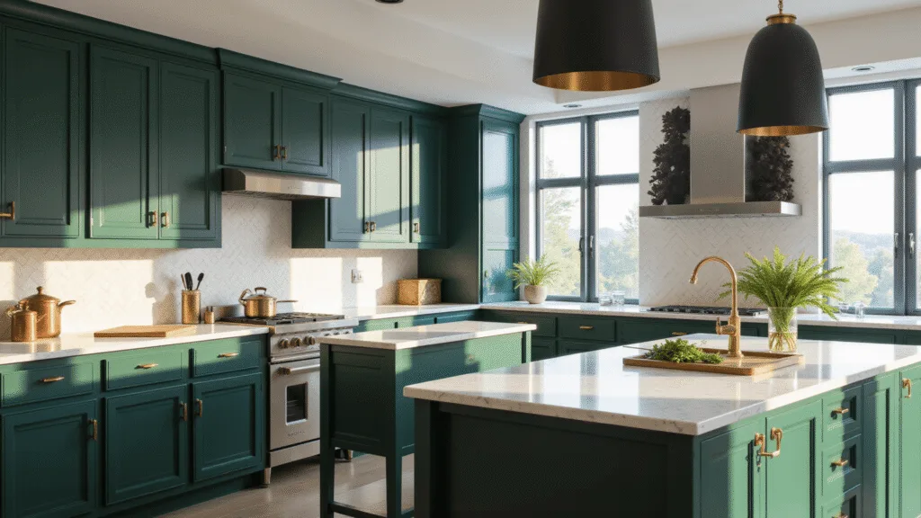 "Sunlit modern kitchen with emerald green cabinets, white Carrara marble countertops, and a herringbone backsplash"