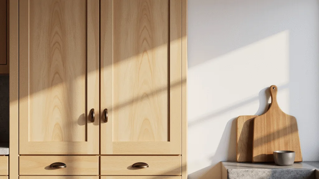 "Golden oak kitchen cabinets with modern brass hardware against a white background"