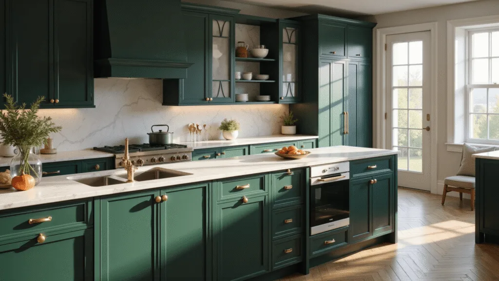 "Luxurious kitchen with green cabinets, marble countertops, brass hardware, and sunlight streaming through windows"