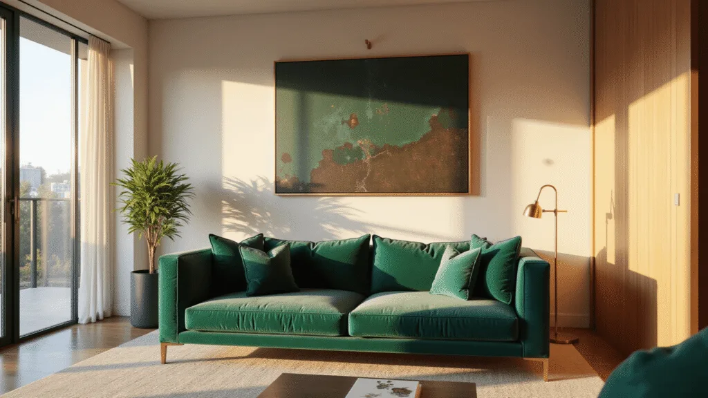 "Sunlit luxurious living room with an emerald green sofa, brass accents, large windows and modern art on cream walls"