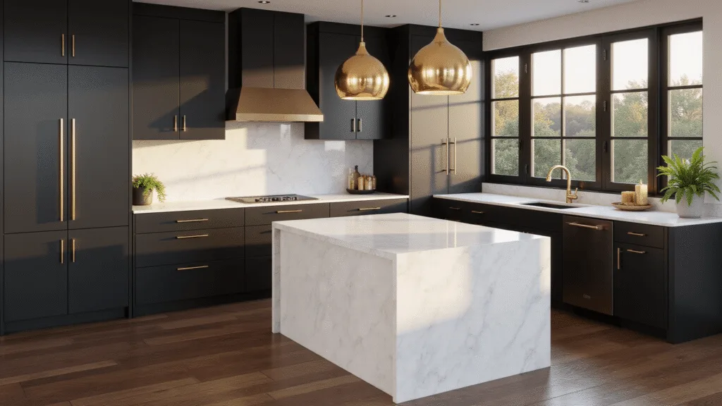 "Luxury kitchen with black cabinets, white quartz island, brass accents, and sunset glow through large windows"