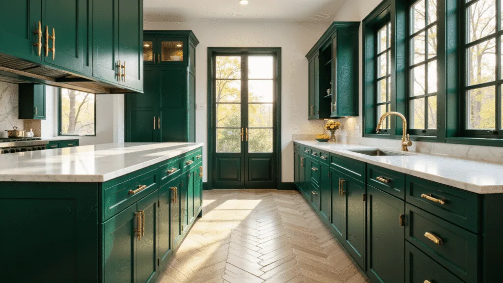 "Sunlit luxury kitchen with emerald cabinets, brass hardware, white marble countertops and herringbone wooden floors"