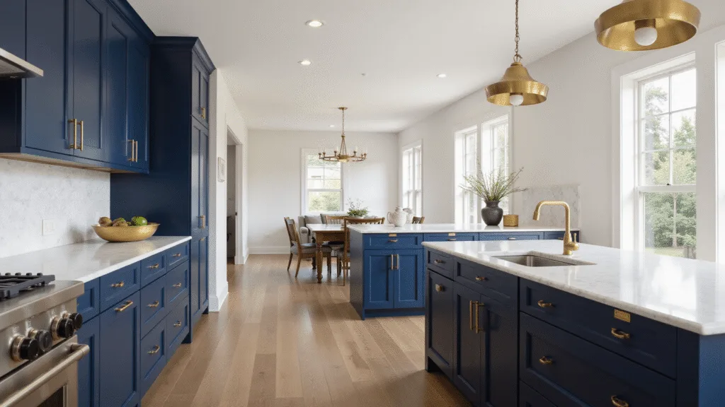 "Luxurious sunlit kitchen with navy cabinets, brass fixtures, and white marble countertops"