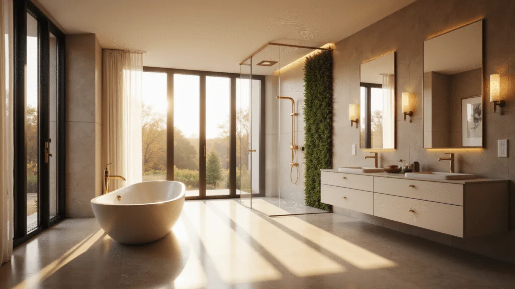 "Luxury bathroom with freestanding tub, rainfall shower, stone surfaces, and floor-to-ceiling windows during golden hour"