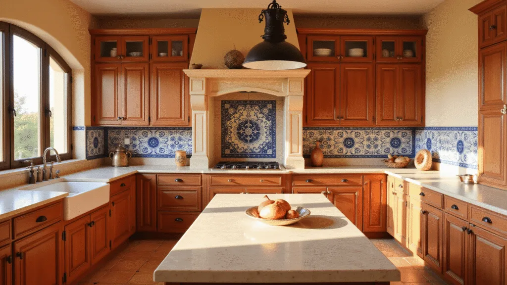 "Mediterranean kitchen with terracotta cabinets, marble countertops, and Delft blue tiles bathed in golden sunlight"