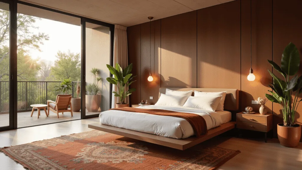"Modern bedroom with warm tones and textures, white linens, terracotta accents and vintage kilim rugs in golden hour sunlight."