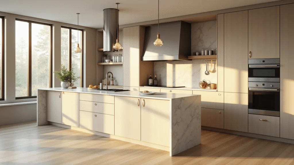 "Modern kitchen interior with beige cabinets, white quartz island, stainless steel appliances, brass pendant lights, under golden hour sunlight"