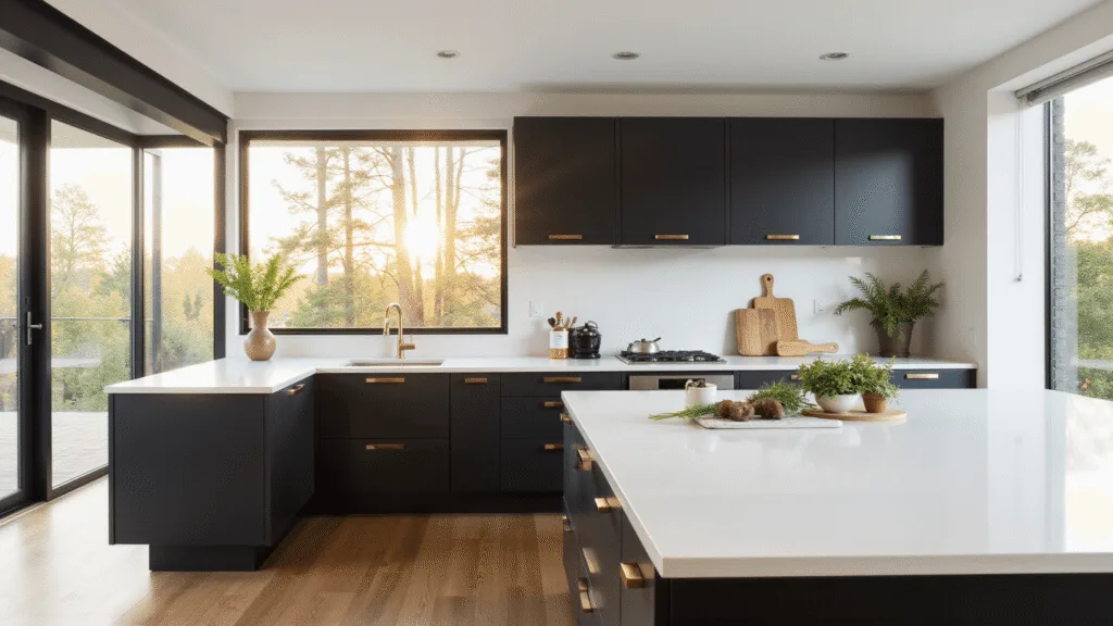 "Modern kitchen with matte black cabinets, white quartz countertops, brass hardware, natural sunlight coming through full-length windows, and minimalist styling"