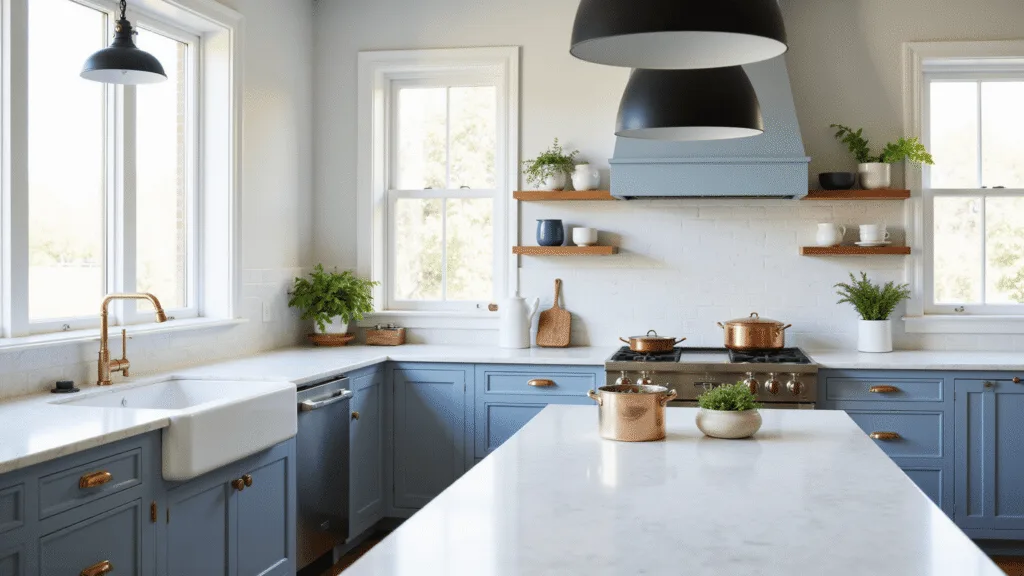 "Spacious modern kitchen with blue-grey cabinets, white marble countertops, brass hardware and natural light streaming in through large windows."