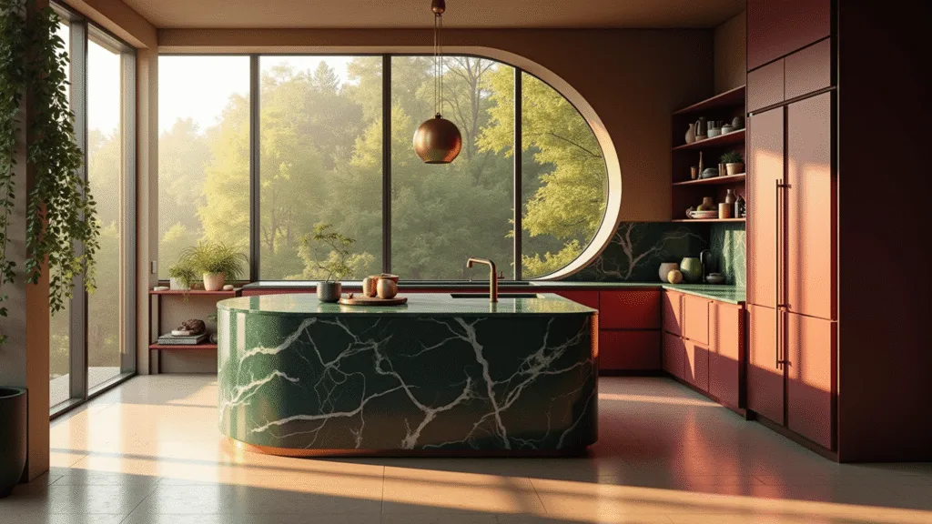 2025 Kitchen Trends: Transforming Culinary Spaces with Style and Functionality "Luxurious modern kitchen with burgundy cabinets, forest green marble island, brass fixtures, artisanal ceramics, trailing plants, and the warm glow of golden sunlight."