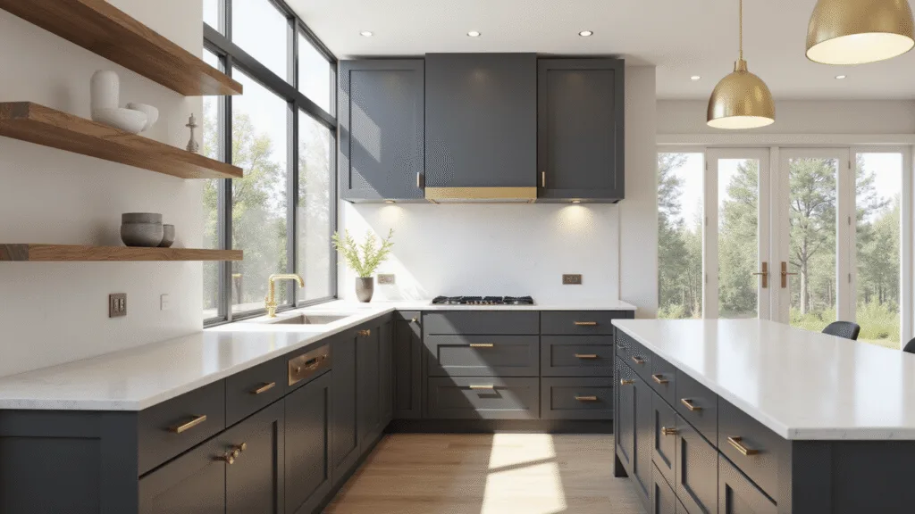 "Modern kitchen with charcoal gray cabinets, white quartz countertops, walnut open shelving, and sunlight streaming through large windows"