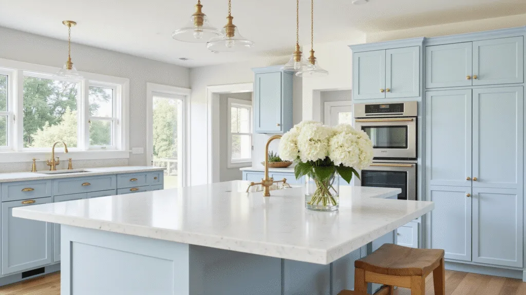 "Modern coastal kitchen with light blue cabinets and marble countertops"