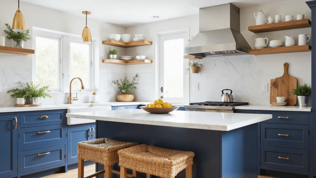 "Sunlit modern navy blue kitchen with white marble countertops, open shelving with ceramics and fresh greenery, with light streaming through windows."