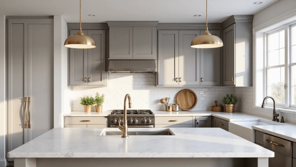 "Sunlit modern farmhouse kitchen with greige cabinets, white marble countertops, brass pendant lights, and stainless steel appliances"