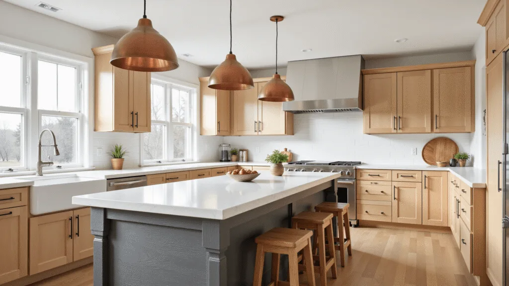 "Modern farmhouse kitchen with maple cabinets, charcoal-stained oak island, and copper pendant lights under natural sunlight"